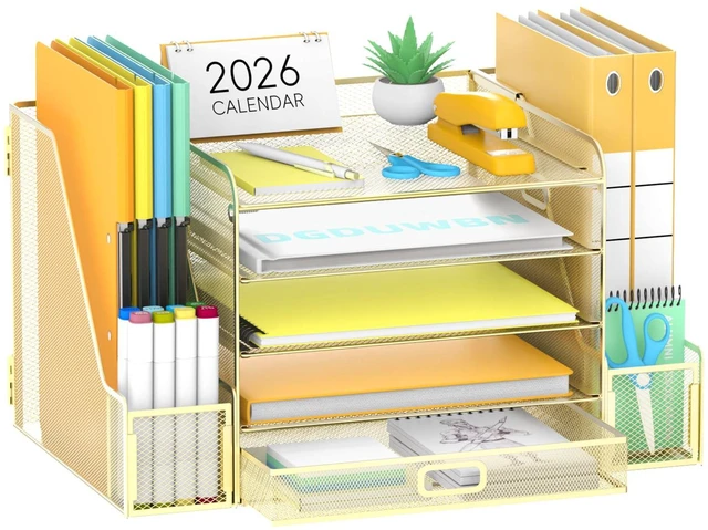Main image of Mesh Desk Organizer with File Holder, 5-Tier Paper Letter Tray Organizer with Magazine Holder, Desktop Organizer and Storage with Drawer for Office Supplies Home or School (Golden)