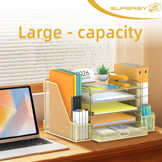 Alt view image 2 of 7 - Mesh Desk Organizer with File Holder, 5-Tier Paper Letter Tray Organizer with Magazine Holder, Desktop Organizer and Storage with Drawer for Office Supplies Home or School (Golden)