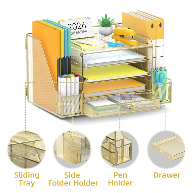 Alt view image 3 of 7 - Mesh Desk Organizer with File Holder, 5-Tier Paper Letter Tray Organizer with Magazine Holder, Desktop Organizer and Storage with Drawer for Office Supplies Home or School (Golden)