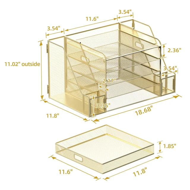 Alt view image 4 of 7 - Mesh Desk Organizer with File Holder, 5-Tier Paper Letter Tray Organizer with Magazine Holder, Desktop Organizer and Storage with Drawer for Office Supplies Home or School (Golden)