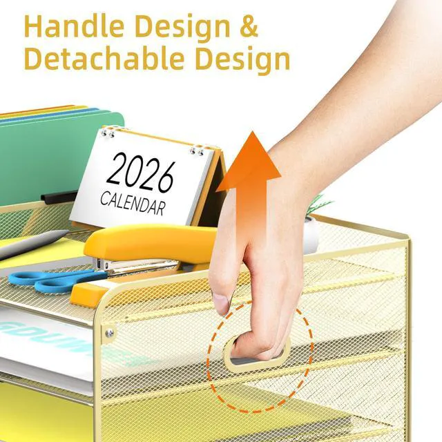 Alt view image 5 of 7 - Mesh Desk Organizer with File Holder, 5-Tier Paper Letter Tray Organizer with Magazine Holder, Desktop Organizer and Storage with Drawer for Office Supplies Home or School (Golden)