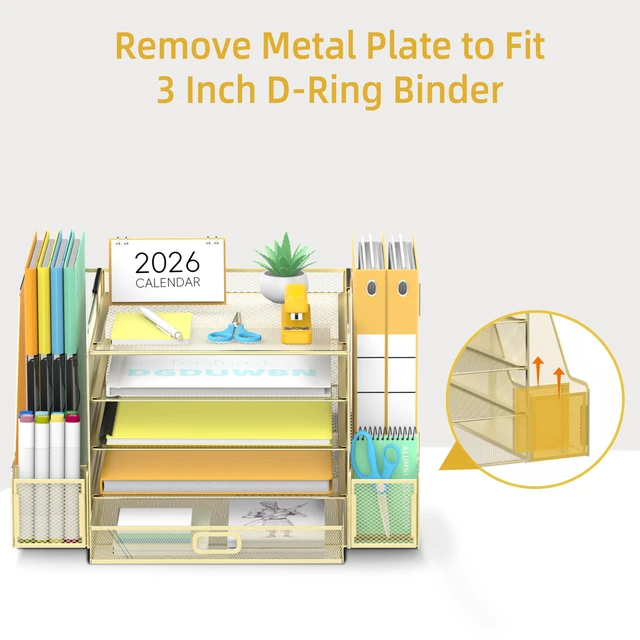 Alt view image 6 of 7 - Mesh Desk Organizer with File Holder, 5-Tier Paper Letter Tray Organizer with Magazine Holder, Desktop Organizer and Storage with Drawer for Office Supplies Home or School (Golden)