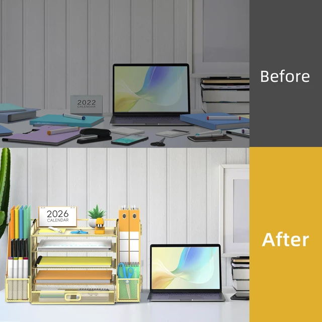 Alt view image 7 of 7 - Mesh Desk Organizer with File Holder, 5-Tier Paper Letter Tray Organizer with Magazine Holder, Desktop Organizer and Storage with Drawer for Office Supplies Home or School (Golden)
