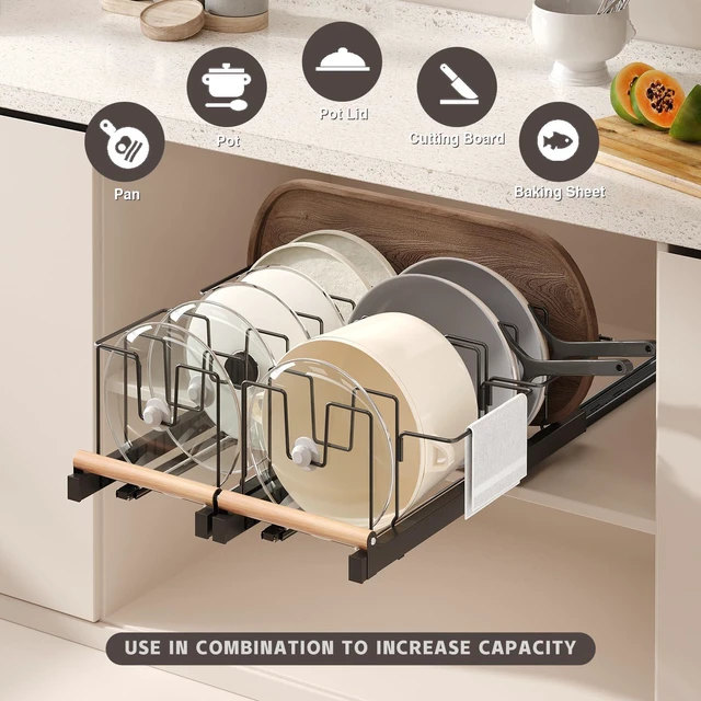 Alt view image 2 of 7 - Pull Out Pots and Pans Organizer Under Cabinet, 22" Deep Expandable Pot Lid Organizer and Storage with 10 Adjustable Dividers Adhesive Pot and Pan Holder Rack with Handle Bracket(1 Pack,Black)