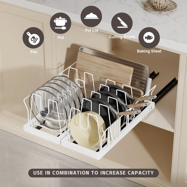Alt view image 2 of 7 - 2 Pack Pots and Pans Organizer Under Cabinet, 22" Deep Expandable Pull Out Pot Lid Organizer and Storage with 10 Adjustable Dividers No Drill Pot and Pan Holder Rack with Handle Bracket(White)
