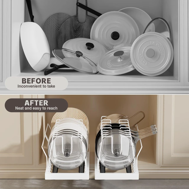 Alt view image 3 of 7 - 2 Pack Pots and Pans Organizer Under Cabinet, 22" Deep Expandable Pull Out Pot Lid Organizer and Storage with 10 Adjustable Dividers No Drill Pot and Pan Holder Rack with Handle Bracket(White)