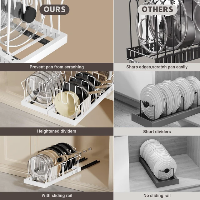 Alt view image 4 of 7 - 2 Pack Pots and Pans Organizer Under Cabinet, 22" Deep Expandable Pull Out Pot Lid Organizer and Storage with 10 Adjustable Dividers No Drill Pot and Pan Holder Rack with Handle Bracket(White)