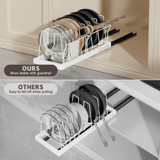 Alt view image 5 of 7 - 2 Pack Pots and Pans Organizer Under Cabinet, 22" Deep Expandable Pull Out Pot Lid Organizer and Storage with 10 Adjustable Dividers No Drill Pot and Pan Holder Rack with Handle Bracket(White)