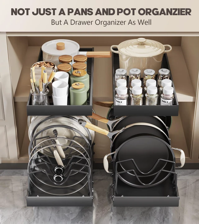 Alt view image 5 of 7 - Pull Out Pots and Pans Organizer Under Cabinet, Sliding Lid Holder and Pan Rack in Kitchen, Slide Out Inside Cabinet Storage for Pot Lid, Bakeware, Dishes, 8 Adjustable Dividers, 2 Pack Black
