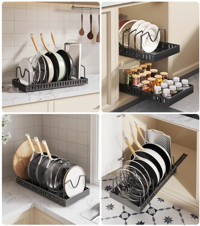Alt view image 6 of 7 - Pull Out Pots and Pans Organizer Under Cabinet, Sliding Lid Holder and Pan Rack in Kitchen, Slide Out Inside Cabinet Storage for Pot Lid, Bakeware, Dishes, 8 Adjustable Dividers, 2 Pack Black