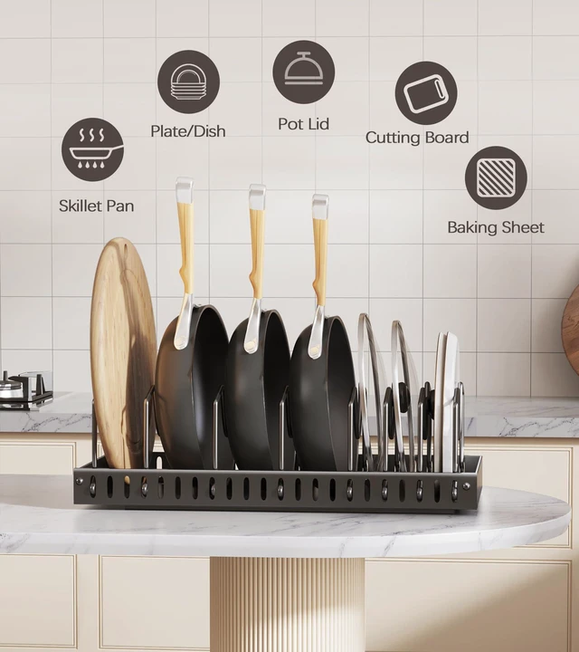 Alt view image 7 of 7 - Pull Out Pots and Pans Organizer Under Cabinet, Sliding Lid Holder and Pan Rack in Kitchen, Slide Out Inside Cabinet Storage for Pot Lid, Bakeware, Dishes, 8 Adjustable Dividers, 2 Pack Black