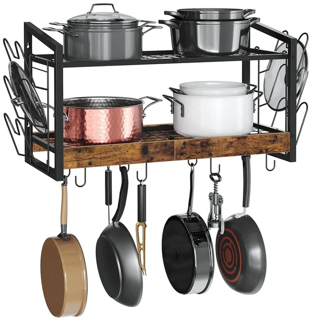 Main image of Hanging Pot Rack, Pot Rack Wall Mounted, 2-Tier Kitchen Pot and Lid Organizer, Wall-Mounted Pot Rack with 12 Hooks, for Kitchen Storage of Pots, Pans, Utensils, Rustic Brown TPR02BF