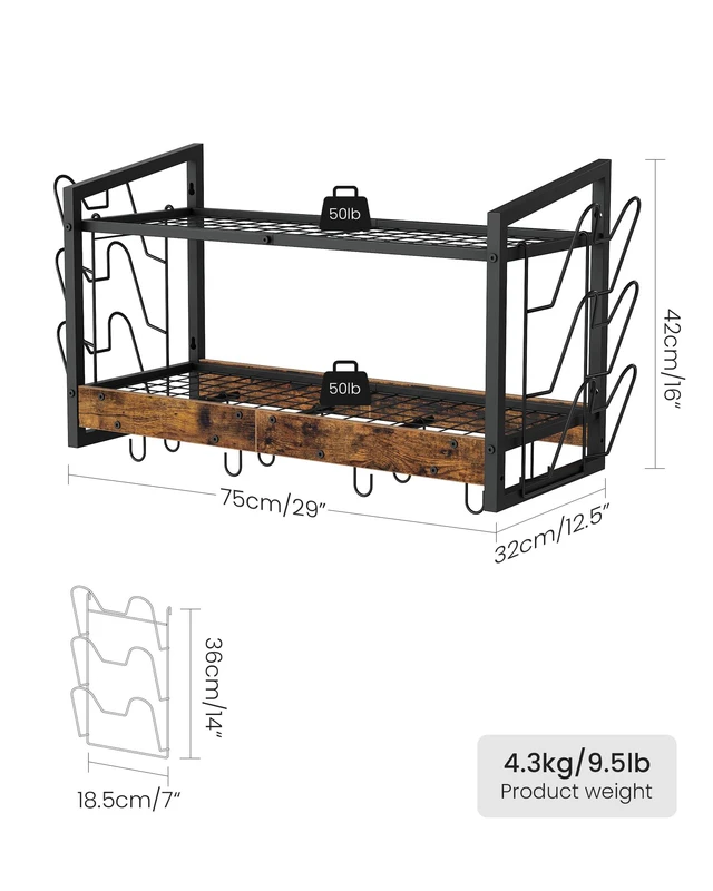 Alt view image 2 of 7 - Hanging Pot Rack, Pot Rack Wall Mounted, 2-Tier Kitchen Pot and Lid Organizer, Wall-Mounted Pot Rack with 12 Hooks, for Kitchen Storage of Pots, Pans, Utensils, Rustic Brown TPR02BF