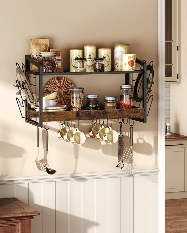 Alt view image 3 of 7 - Hanging Pot Rack, Pot Rack Wall Mounted, 2-Tier Kitchen Pot and Lid Organizer, Wall-Mounted Pot Rack with 12 Hooks, for Kitchen Storage of Pots, Pans, Utensils, Rustic Brown TPR02BF