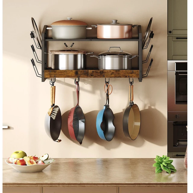 Alt view image 4 of 7 - Hanging Pot Rack, Pot Rack Wall Mounted, 2-Tier Kitchen Pot and Lid Organizer, Wall-Mounted Pot Rack with 12 Hooks, for Kitchen Storage of Pots, Pans, Utensils, Rustic Brown TPR02BF