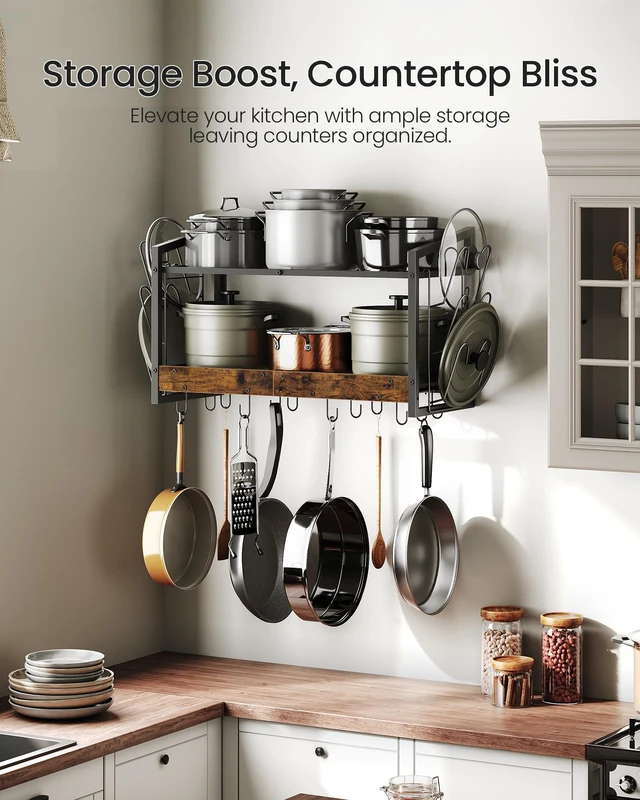 Alt view image 5 of 7 - Hanging Pot Rack, Pot Rack Wall Mounted, 2-Tier Kitchen Pot and Lid Organizer, Wall-Mounted Pot Rack with 12 Hooks, for Kitchen Storage of Pots, Pans, Utensils, Rustic Brown TPR02BF