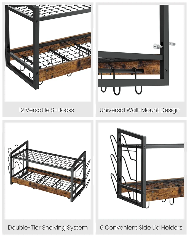 Alt view image 6 of 7 - Hanging Pot Rack, Pot Rack Wall Mounted, 2-Tier Kitchen Pot and Lid Organizer, Wall-Mounted Pot Rack with 12 Hooks, for Kitchen Storage of Pots, Pans, Utensils, Rustic Brown TPR02BF