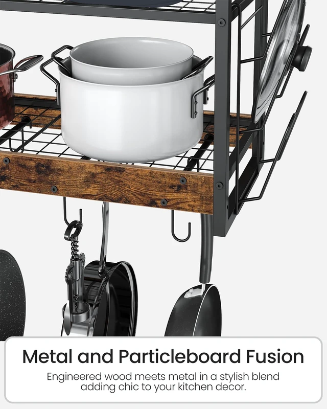 Alt view image 7 of 7 - Hanging Pot Rack, Pot Rack Wall Mounted, 2-Tier Kitchen Pot and Lid Organizer, Wall-Mounted Pot Rack with 12 Hooks, for Kitchen Storage of Pots, Pans, Utensils, Rustic Brown TPR02BF