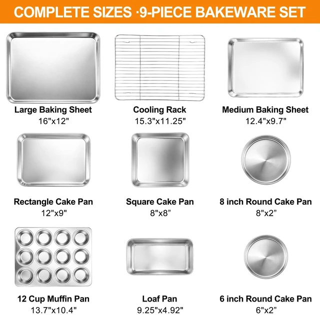 Alt view image 2 of 7 - 9 Piece Bakeware Sets, Stainless Steel Baking Pans Set for Cooking | Baking Sheet with Cooling Rack, Round/Square Cake Pans, Bread Loaf Pan, Muffin Pan, Roasting Pan, Oven & Dishwasher Safe