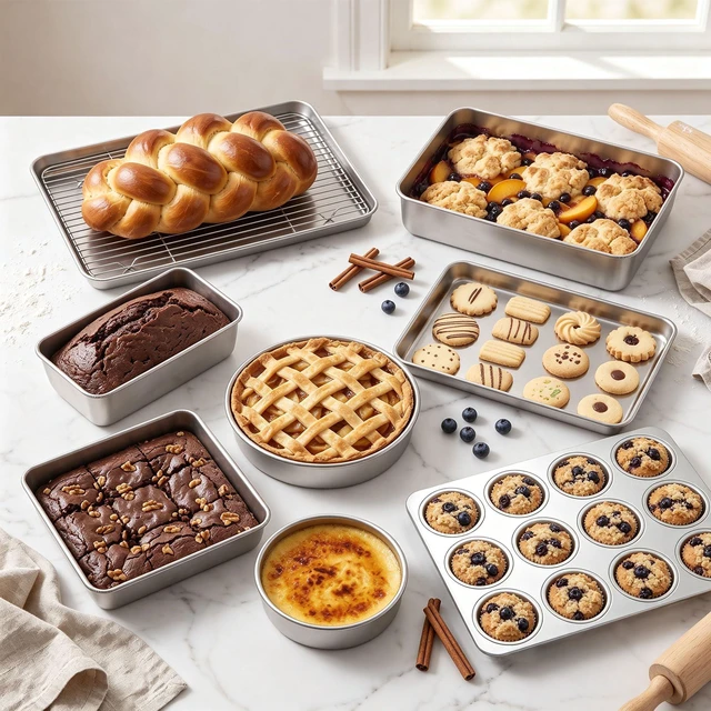 Alt view image 3 of 7 - 9 Piece Bakeware Sets, Stainless Steel Baking Pans Set for Cooking | Baking Sheet with Cooling Rack, Round/Square Cake Pans, Bread Loaf Pan, Muffin Pan, Roasting Pan, Oven & Dishwasher Safe