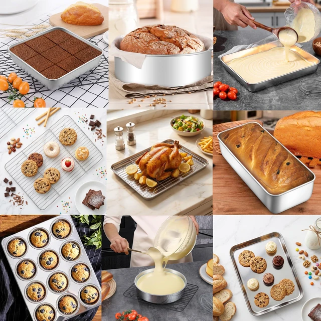 Alt view image 5 of 7 - 9 Piece Bakeware Sets, Stainless Steel Baking Pans Set for Cooking | Baking Sheet with Cooling Rack, Round/Square Cake Pans, Bread Loaf Pan, Muffin Pan, Roasting Pan, Oven & Dishwasher Safe