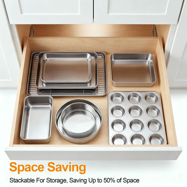 Alt view image 6 of 7 - 9 Piece Bakeware Sets, Stainless Steel Baking Pans Set for Cooking | Baking Sheet with Cooling Rack, Round/Square Cake Pans, Bread Loaf Pan, Muffin Pan, Roasting Pan, Oven & Dishwasher Safe
