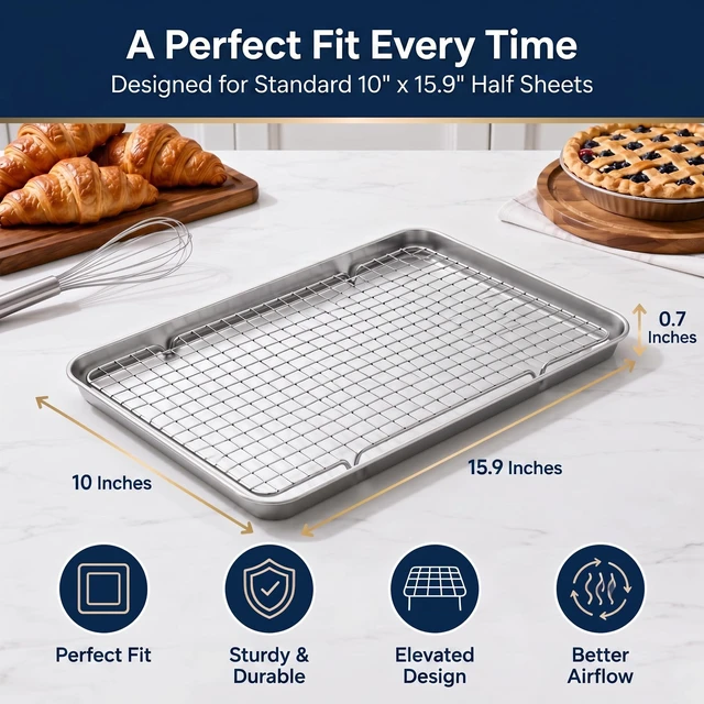 Alt view image 2 of 7 - Cooling Rack Set of 2, 10" x 16" No Warp Heavy Duty Stainless Steel Baking Rack - Fits Jelly Roll Cookie Sheet Pan, Oven Safe 575°F, for Baking, Roasting & Dehydrating, Dishwasher Safe