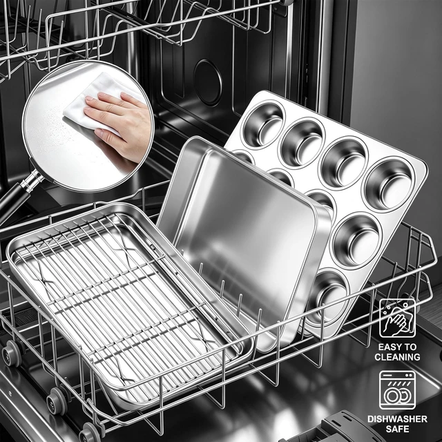 Alt view image 7 of 7 - 9 Piece Bakeware Sets, Stainless Steel Baking Pans Set for Cooking | Baking Sheet with Cooling Rack, Round/Square Cake Pans, Bread Loaf Pan, Muffin Pan, Roasting Pan, Oven & Dishwasher Safe