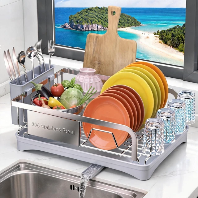 Main image of Dish Drying Rack -304 Stainless Steel Dish Rack for Kitchen Counter | Dish Drainer with Cutlery Knife Fork & Cup Rack, Auto-Drain to Sink, Gift for Wife Mothers Her, Home & Family Gadgets, Silver