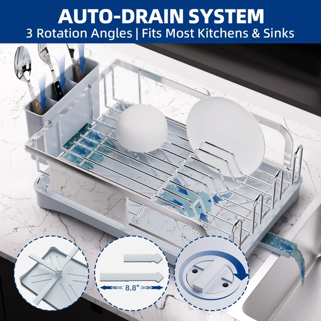 Alt view image 3 of 7 - Dish Drying Rack -304 Stainless Steel Dish Rack for Kitchen Counter | Dish Drainer with Cutlery Knife Fork & Cup Rack, Auto-Drain to Sink, Gift for Wife Mothers Her, Home & Family Gadgets, Silver