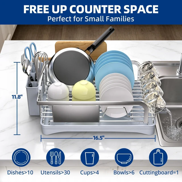 Alt view image 2 of 7 - Dish Drying Rack -304 Stainless Steel Dish Rack for Kitchen Counter | Dish Drainer with Cutlery Knife Fork & Cup Rack, Auto-Drain to Sink, Gift for Wife Mothers Her, Home & Family Gadgets, Silver