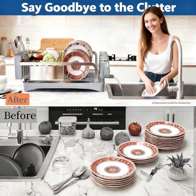 Alt view image 6 of 7 - Dish Drying Rack -304 Stainless Steel Dish Rack for Kitchen Counter | Dish Drainer with Cutlery Knife Fork & Cup Rack, Auto-Drain to Sink, Gift for Wife Mothers Her, Home & Family Gadgets, Silver