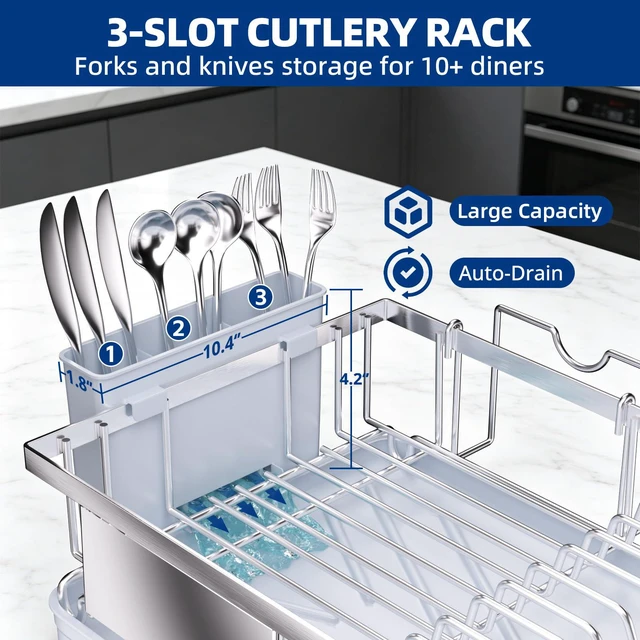 Alt view image 4 of 7 - Dish Drying Rack -304 Stainless Steel Dish Rack for Kitchen Counter | Dish Drainer with Cutlery Knife Fork & Cup Rack, Auto-Drain to Sink, Gift for Wife Mothers Her, Home & Family Gadgets, Silver