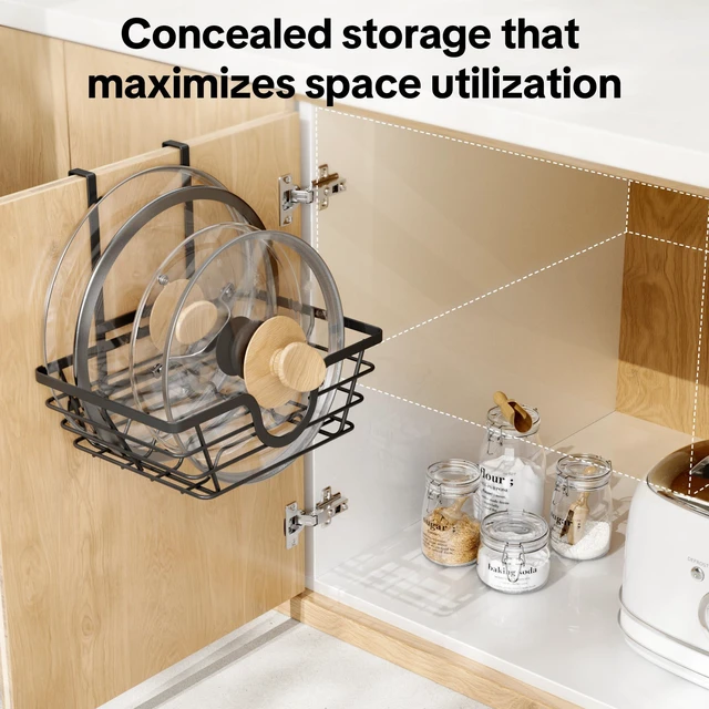 Alt view image 3 of 7 - Pot Lid Organizer 2 Pack, Adjustable Kitchen Pot Lid Holder Inside Cabinet, Kitchen Cabinet Organizer Hanging for Food Storage Container, Pot, Pan Lid & Bakeware, Black