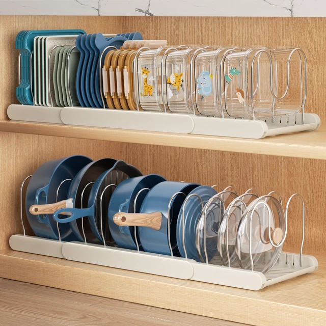 Main image of 2 Pack Expandable Pots and Pans Organizer for Food Storage Container | Dual-Sided extendable base, 10 Adjustable dividers, Serves as lid holders, Designed for under or inside cabinet, Sturdy