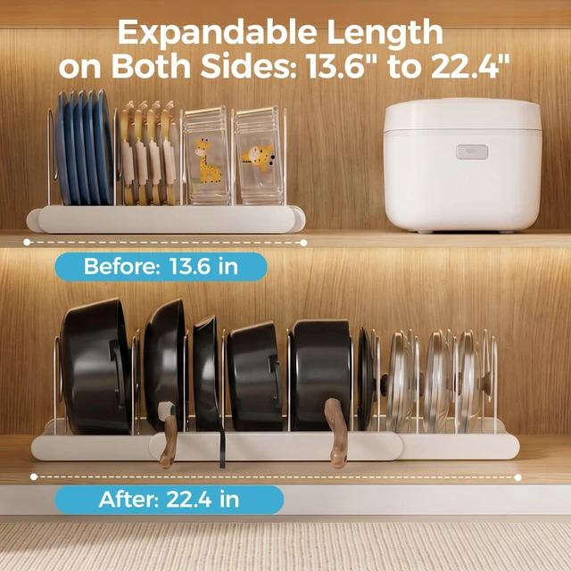 Alt view image 2 of 7 - 2 Pack Expandable Pots and Pans Organizer for Food Storage Container | Dual-Sided extendable base, 10 Adjustable dividers, Serves as lid holders, Designed for under or inside cabinet, Sturdy