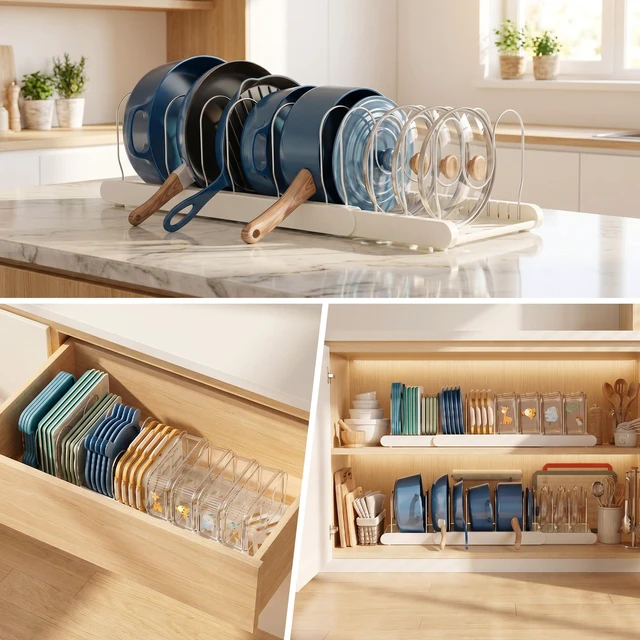 Alt view image 4 of 7 - 2 Pack Expandable Pots and Pans Organizer for Food Storage Container | Dual-Sided extendable base, 10 Adjustable dividers, Serves as lid holders, Designed for under or inside cabinet, Sturdy