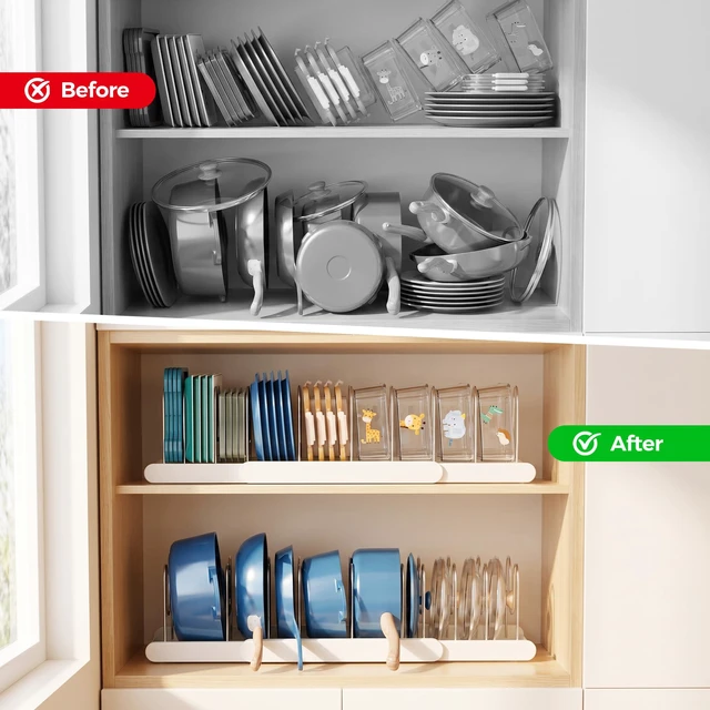 Alt view image 7 of 7 - 2 Pack Expandable Pots and Pans Organizer for Food Storage Container | Dual-Sided extendable base, 10 Adjustable dividers, Serves as lid holders, Designed for under or inside cabinet, Sturdy