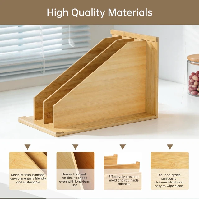 Alt view image 4 of 7 - Tray Dividers for Kitchen Cabinetscookie sheet divider for cabinet | (14"H x 21.3"D) - Bamboo Cabinet Organizer with 3 Dividers for Cookie Sheets, Baking Pans, Cutting Boards & Pot Lids