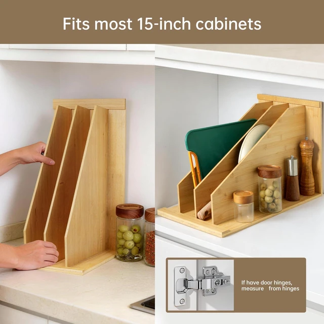 Alt view image 5 of 7 - Tray Dividers for Kitchen Cabinetscookie sheet divider for cabinet | (14"H x 21.3"D) - Bamboo Cabinet Organizer with 3 Dividers for Cookie Sheets, Baking Pans, Cutting Boards & Pot Lids