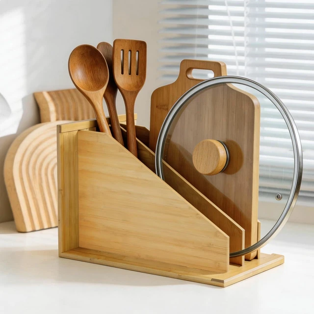 Alt view image 6 of 7 - Tray Dividers for Kitchen Cabinetscookie sheet divider for cabinet | (14"H x 21.3"D) - Bamboo Cabinet Organizer with 3 Dividers for Cookie Sheets, Baking Pans, Cutting Boards & Pot Lids
