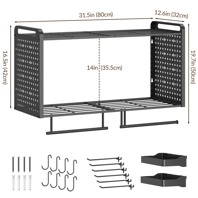 Alt view image 2 of 7 - Wall Mounted Pot Rack, 2-Tier Kitchen Organizer, 14 Hooks, Black | Rust and Scratch Resistant Thickened Frame Supporting Heavy Cast Iron Skillets with Complete Hardware