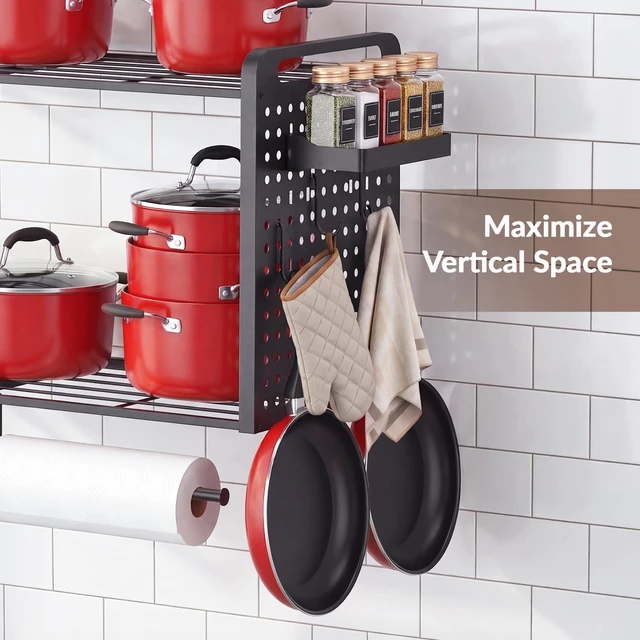 Alt view image 7 of 7 - Wall Mounted Pot Rack, 2-Tier Kitchen Organizer, 14 Hooks, Black | Rust and Scratch Resistant Thickened Frame Supporting Heavy Cast Iron Skillets with Complete Hardware