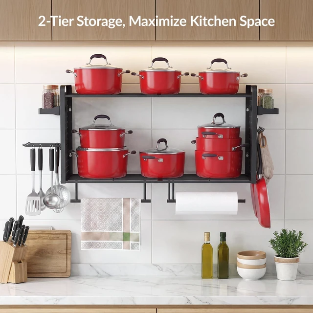 Alt view image 5 of 7 - Wall Mounted Pot Rack, 2-Tier Kitchen Organizer, 14 Hooks, Black | Rust and Scratch Resistant Thickened Frame Supporting Heavy Cast Iron Skillets with Complete Hardware