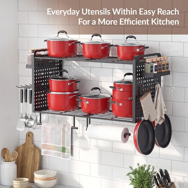 Alt view image 4 of 7 - Wall Mounted Pot Rack, 2-Tier Kitchen Organizer, 14 Hooks, Black | Rust and Scratch Resistant Thickened Frame Supporting Heavy Cast Iron Skillets with Complete Hardware