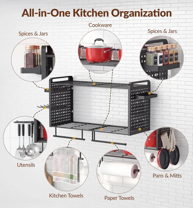 Alt view image 3 of 7 - Wall Mounted Pot Rack, 2-Tier Kitchen Organizer, 14 Hooks, Black | Rust and Scratch Resistant Thickened Frame Supporting Heavy Cast Iron Skillets with Complete Hardware