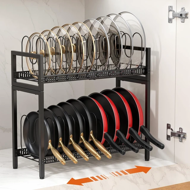 Main image of 2 Tier Expandable Pot and Pan Lid Organizer Holder Rack | 12"-20" Expandable, Adjustable Dividers, 2 DIY Methods for Flexible Storage