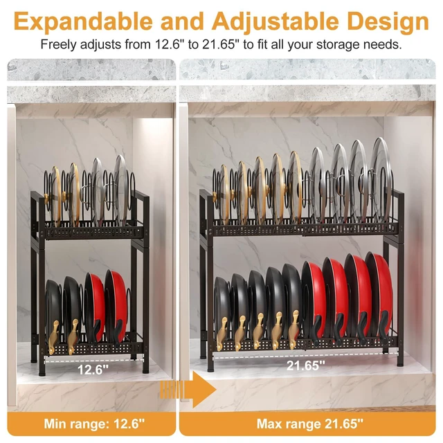 Alt view image 2 of 7 - 2 Tier Expandable Pot and Pan Lid Organizer Holder Rack | 12"-20" Expandable, Adjustable Dividers, 2 DIY Methods for Flexible Storage