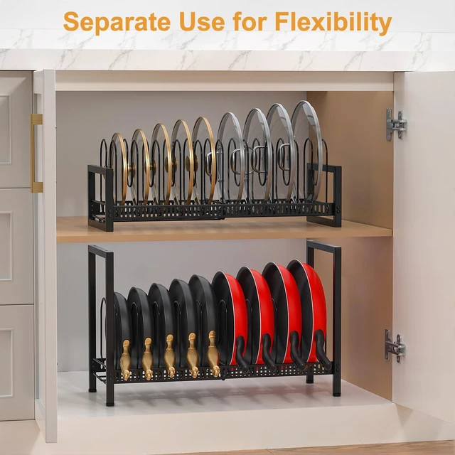 Alt view image 3 of 7 - 2 Tier Expandable Pot and Pan Lid Organizer Holder Rack | 12"-20" Expandable, Adjustable Dividers, 2 DIY Methods for Flexible Storage