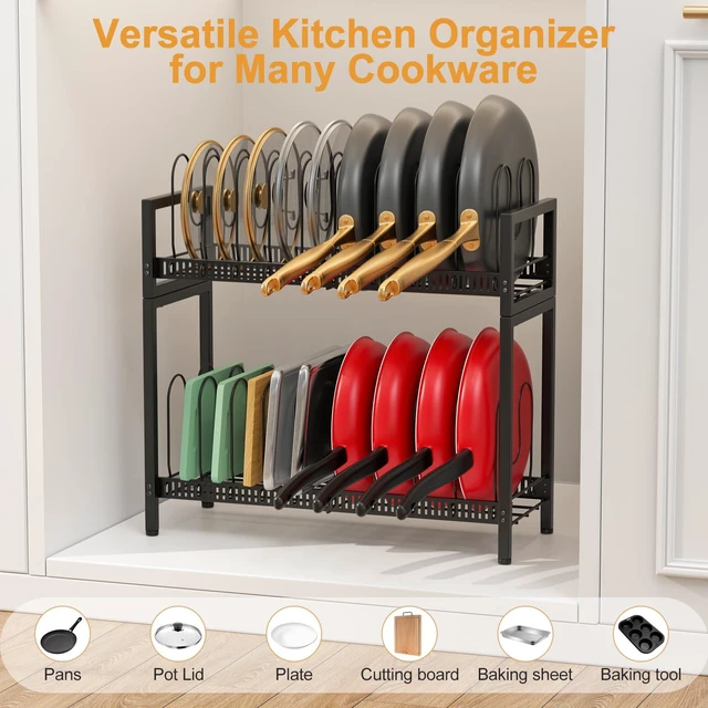Alt view image 4 of 7 - 2 Tier Expandable Pot and Pan Lid Organizer Holder Rack | 12"-20" Expandable, Adjustable Dividers, 2 DIY Methods for Flexible Storage